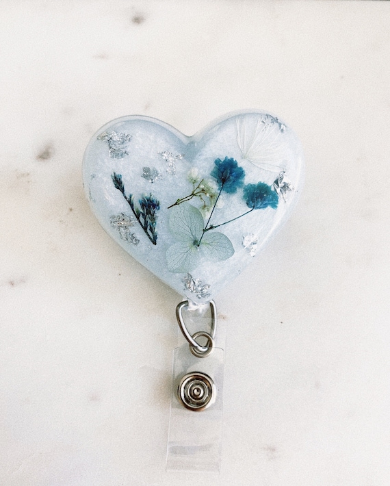 Blue Floral Heart Badge Reel: Resin Nurse Reel with Silver Foil