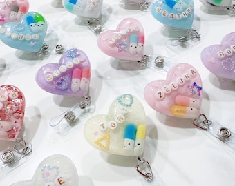 Customizable Kawaii Heart Pills Badge Reel: Nurse, Technician, Pharmacy, Doctor, Healthcare