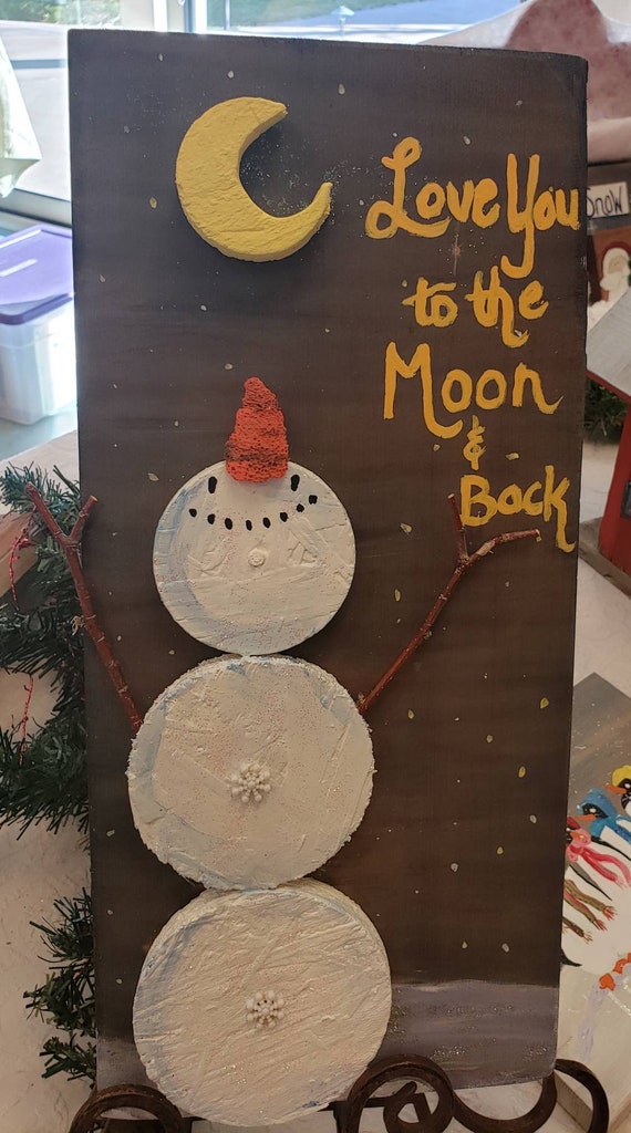 Snowmen Painting Moon Watching Snowman Snowman Door Etsy
