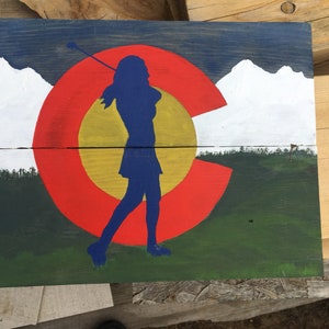 SALE on NEW LADY Golfer Painting on Colorado Flag.  Reclaimed wood sign,  Great Golfer Gift, Golfer Painting on wood, Rustic Sign by Shari