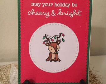 Reindeer Chirstmas Card "May Your Holiday be Cheery & Bright" - Christmas Card, Holiday Card, Seasonal Card, Winter Card, Cute Greeting