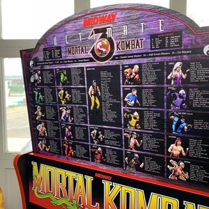 May include: A purple and black arcade cabinet with a Mortal Kombat 3 poster. The poster features the game's logo, characters, and a list of moves. The cabinet is decorated with a green dragon.