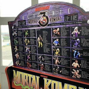 May include: A close-up of a Mortal Kombat 3 arcade game cabinet. The cabinet is purple and black with a large image of the game's logo. The cabinet has a list of characters and their moves on the side. The text on the cabinet reads "Ultimate Mortal Kombat 3".