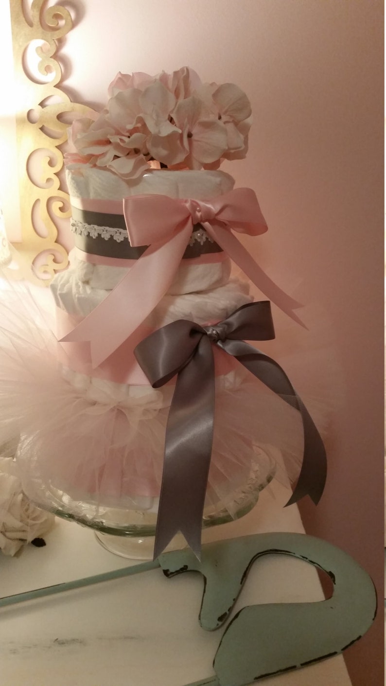 Shabby Tutu Chic Diaper Cake Pink and Grey With Couture Hydrangea and Peony 3 tier Crochet Trim Will Vary