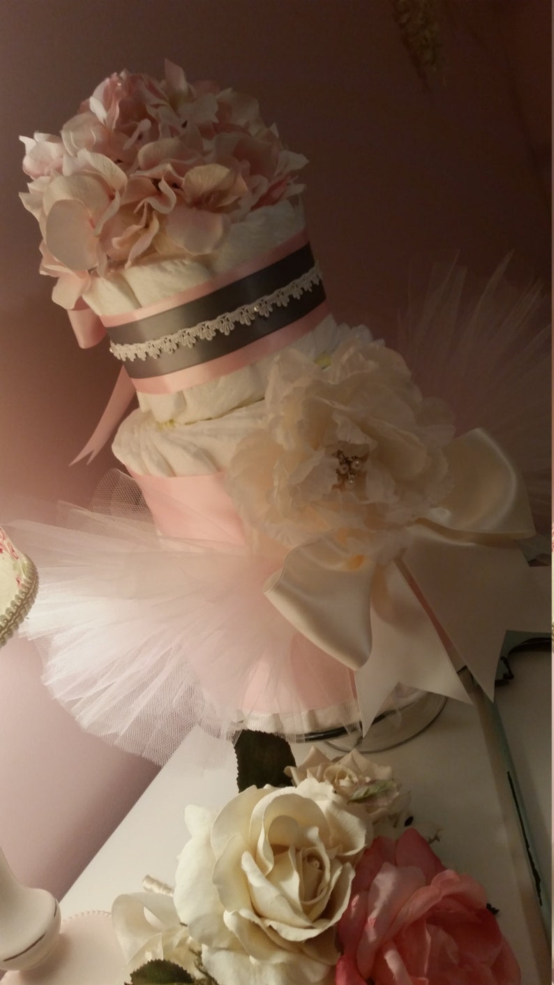 Shabby Tutu Chic Diaper Cake Pink and Grey With Couture Hydrangea and Peony 3 tier Crochet Trim Will Vary