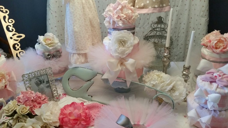 Shabby Tutu Chic Diaper Cake Pink and Grey With Couture Hydrangea and Peony 3 tier Crochet Trim Will Vary