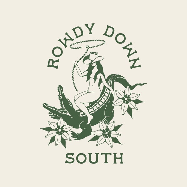 Rowdy Down South, gráfico de caimán del sur occidental, USO PERSONAL, png transparente, vaquera, lazo, flores, yeehaw, camiseta, hola