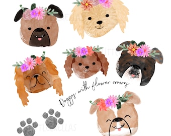 Imágenes prediseñadas para perros, coronas de flores para perros, corona de flores, imágenes prediseñadas de flores, imágenes prediseñadas para cachorros, imágenes prediseñadas de bulldog, caballero del rey Carlos, garabato dorado, atigrado
