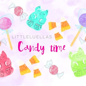May include: Watercolor illustration featuring various candies on a light purple background. The image includes lollipops, wrapped candies, gummy bear shapes, and candy corn. The text "Candy time" is written in pink cursive. The artist's name "LITTLELUELLAS" is also present.
