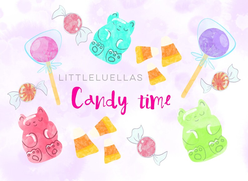 May include: Watercolor illustration featuring various candies on a light purple background. The image includes lollipops, wrapped candies, gummy bear shapes, and candy corn. The text "Candy time" is written in pink cursive. The artist's name "LITTLELUELLAS" is also present.