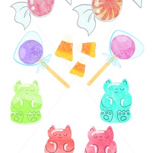 May include: Watercolor illustration of various candies on a white background. The image includes wrapped candies, lollipops, candy corn, and gummy bear shapes in shades of pink, orange, green, and blue. The style is whimsical and playful.