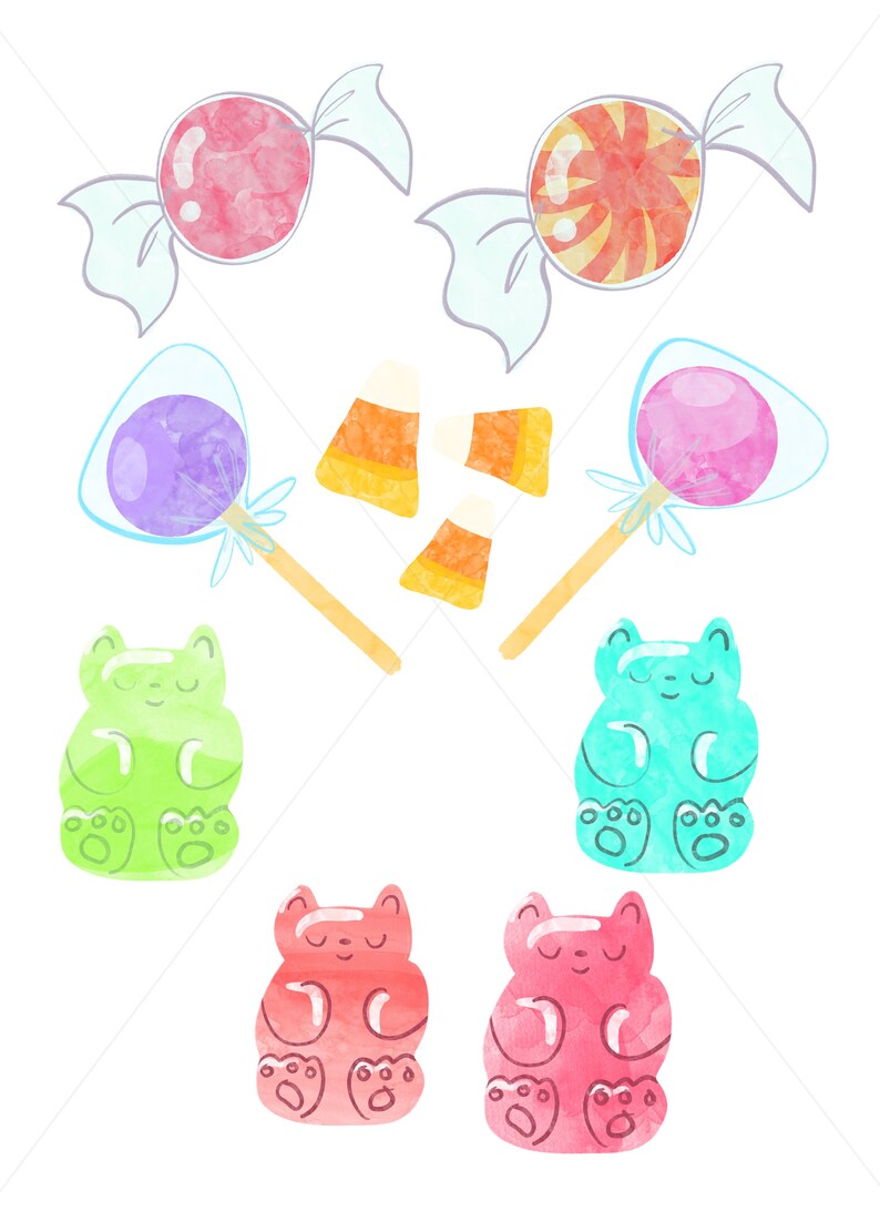 May include: Watercolor illustration of various candies on a white background. The image includes wrapped candies, lollipops, candy corn, and gummy bear shapes in shades of pink, orange, green, and blue. The style is whimsical and playful.