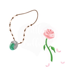 Peut inclure: Illustration d'un collier avec un pendentif vert et argent&eacute;, un cordon marron et des perles blanches. Une rose rose avec une tige et des feuilles vertes est &eacute;galement repr&eacute;sent&eacute;e, avec des p&eacute;tales roses &eacute;parpill&eacute;s.