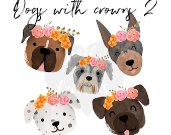 Perros con coronas, imágenes prediseñadas para perros, coronas de flores, imágenes prediseñadas de Doberman, imágenes prediseñadas de boxeador, flores de acuarela, imágenes prediseñadas de perros lindos, álbum de recortes digital