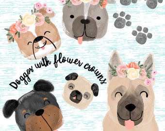 Clipart pour chien, clipart de carlin, chiens avec des fleurs, fleurs à l’aquarelle, couronnes de fleurs