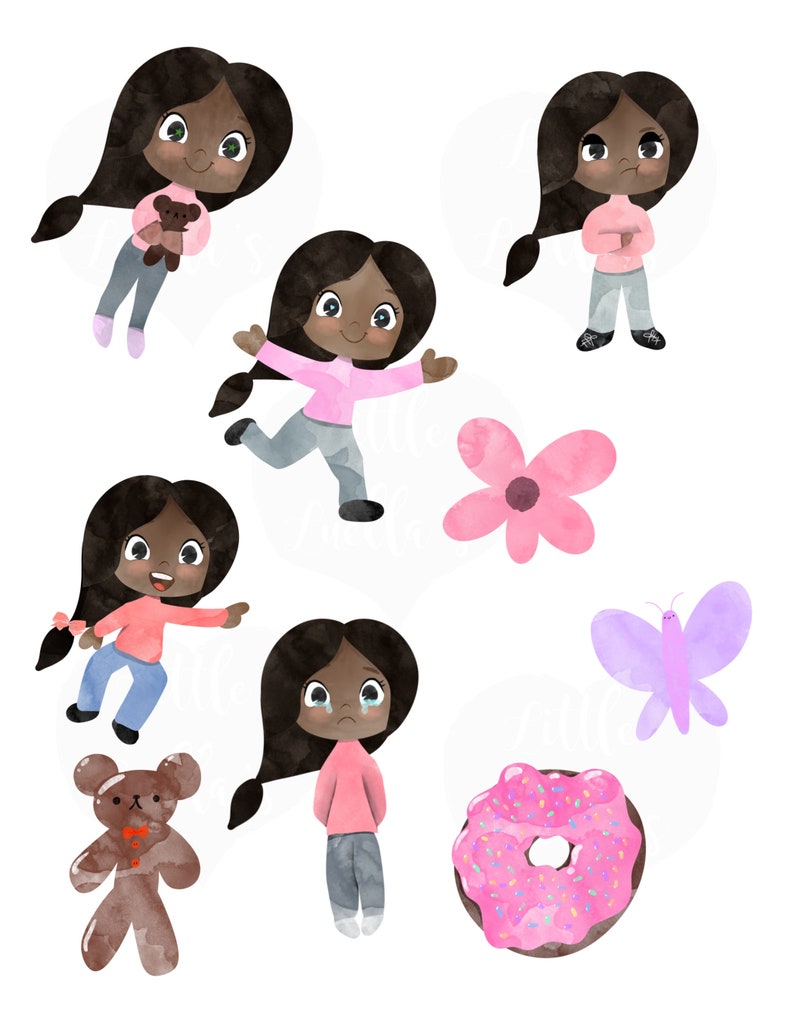 Puede incluir: Ilustraciones en acuarela de una ni&ntilde;a en varias poses, con un su&eacute;ter rosa y pantalones grises. La imagen incluye un oso de peluche, una flor rosa, una mariposa morada y una rosquilla rosa con chispas. La ni&ntilde;a tiene cabello oscuro y diferentes expresiones faciales.