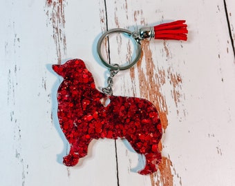 Red Glitter Aussie Keychain | Australian Shepherd Resin Keychain