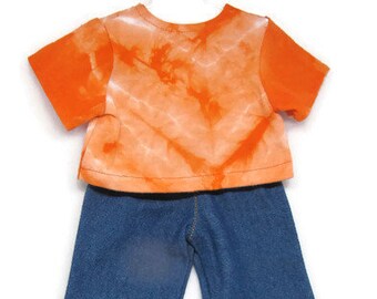 Retro orange tie-dye doll t-shirt with denim jeans, American made, 18 inch boy doll clothes
