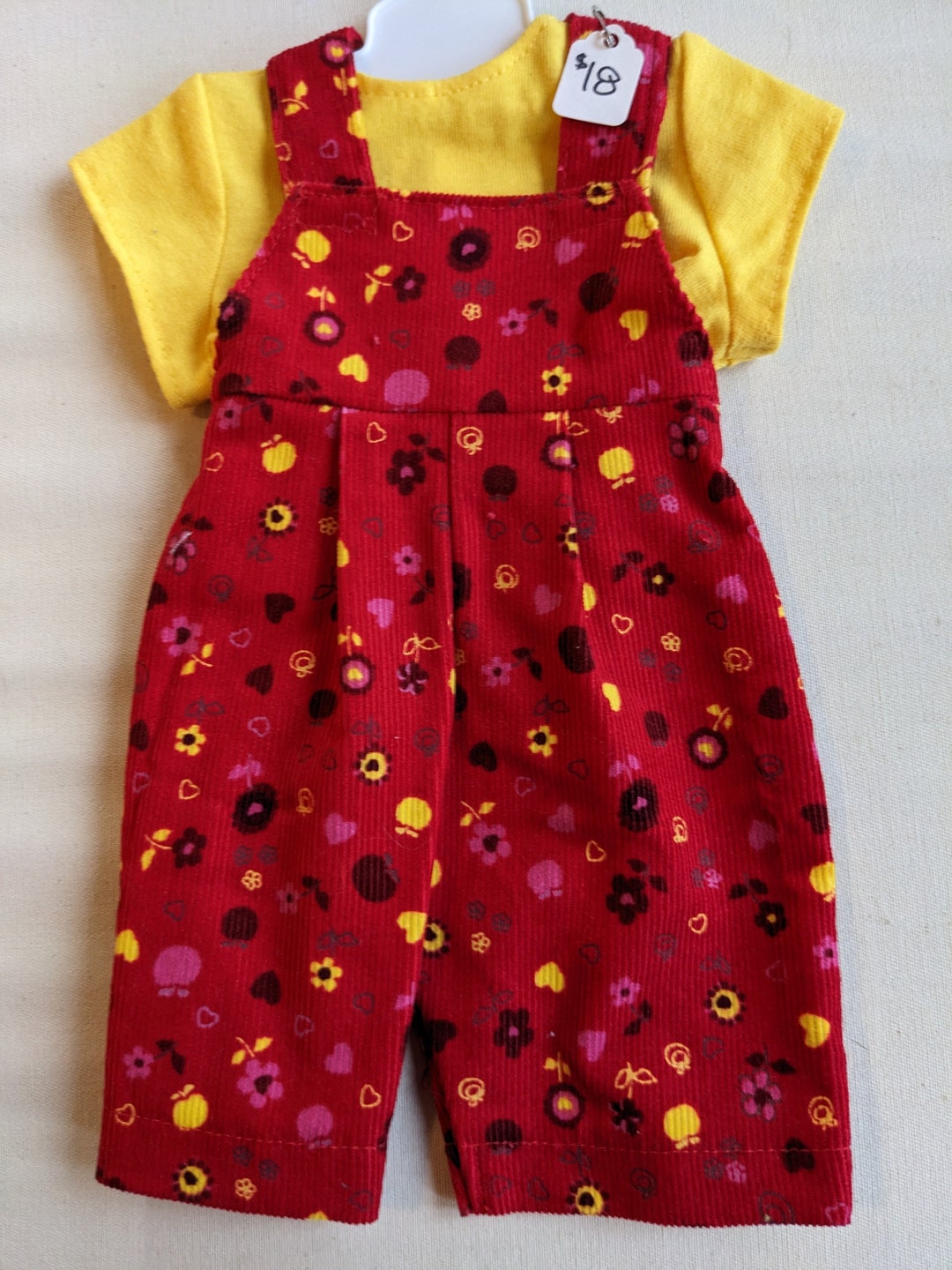 Baby Doll Red Printed Corduroy Overalls With a Yellow Tshirt, Fits 15