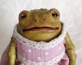 Handmade ooak articulated doll. Toad Doll. Shabby Chic looking Toad.
