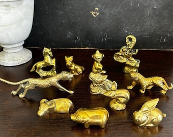 Fun selection of vintage, brass animals, jaguar elephant dog bird monkey unicorn dog lover, animal lover gift, brass animal collector brass