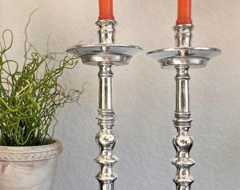 Vintage large candle holders pewter and aluminum metal work collectible home decor mcm home decor statement large candlesticks tablescape