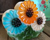 Vintage Lucite acrylic floral napkin holder with daisy sunflower retro kitchen turquoise orange ivory sunflower bright colorful design
