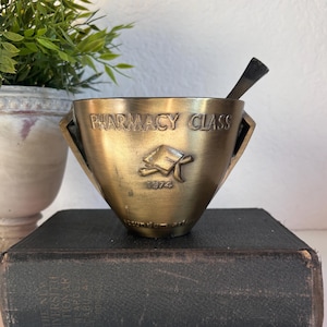 Vintage Brass Mortar and Pestle: Schering Pharma 1974 Graduation Gift