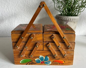 Vintage wooden sewing craft box with colorful floral and accordion style with hand painted flowers folk art tabletop smaller sewing box