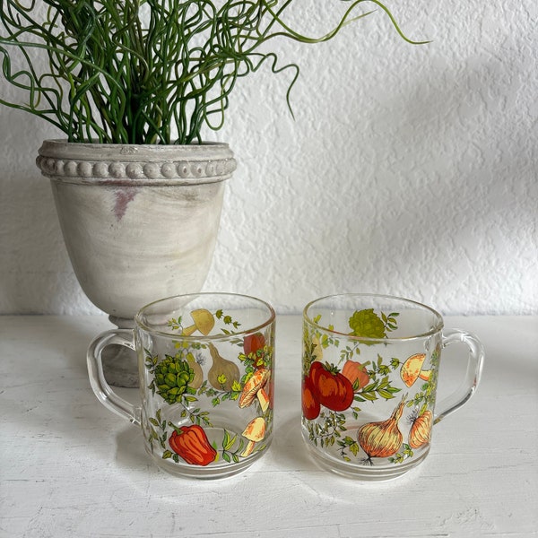 Retro set of 2 clear Spice of Life mugs Arcorac of France vintage vegetable mugs Corning mugs clear coffee cup two clear vintage kitchen