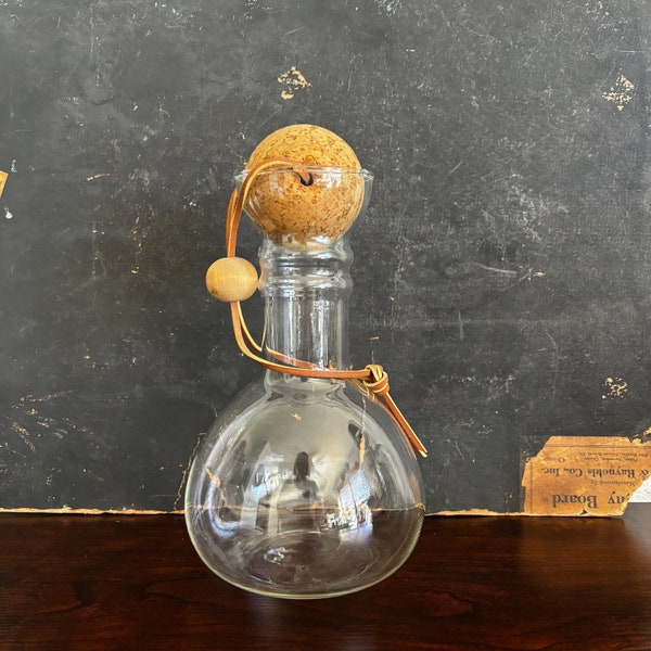Vintage glass decanter with wood and cork beads  one quart pyrex beaker wine bottle boho home and kitchen water pitcher retro vibe boho gift