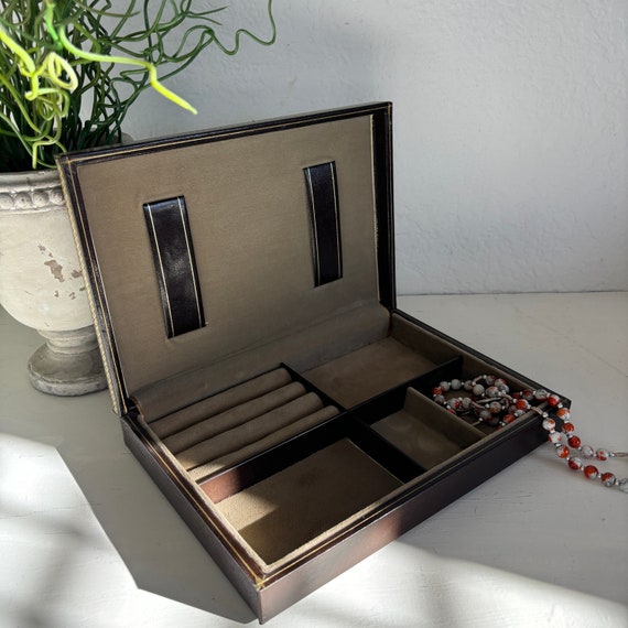 Vintage dark brown mens valet Jewelry box, Made b… - image 4