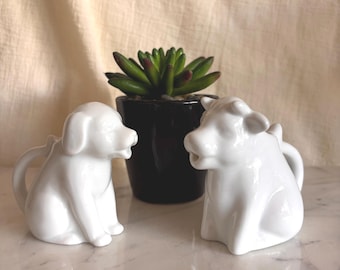 Vintage set of 2 small creamers featuring a cat and dog white Japan kitchen decor collectibles