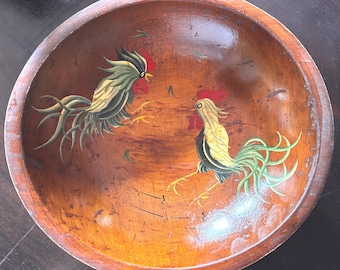 Vintage Munising Bowl medium in size with roosters painted on wood antique wood bowl