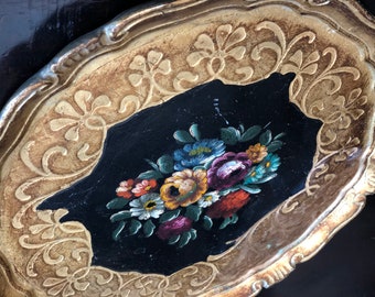 Vintage Florentine tray large serving plate decorative tole tray painted wood gilded gold handmade trinket tray wall decor serving accessory