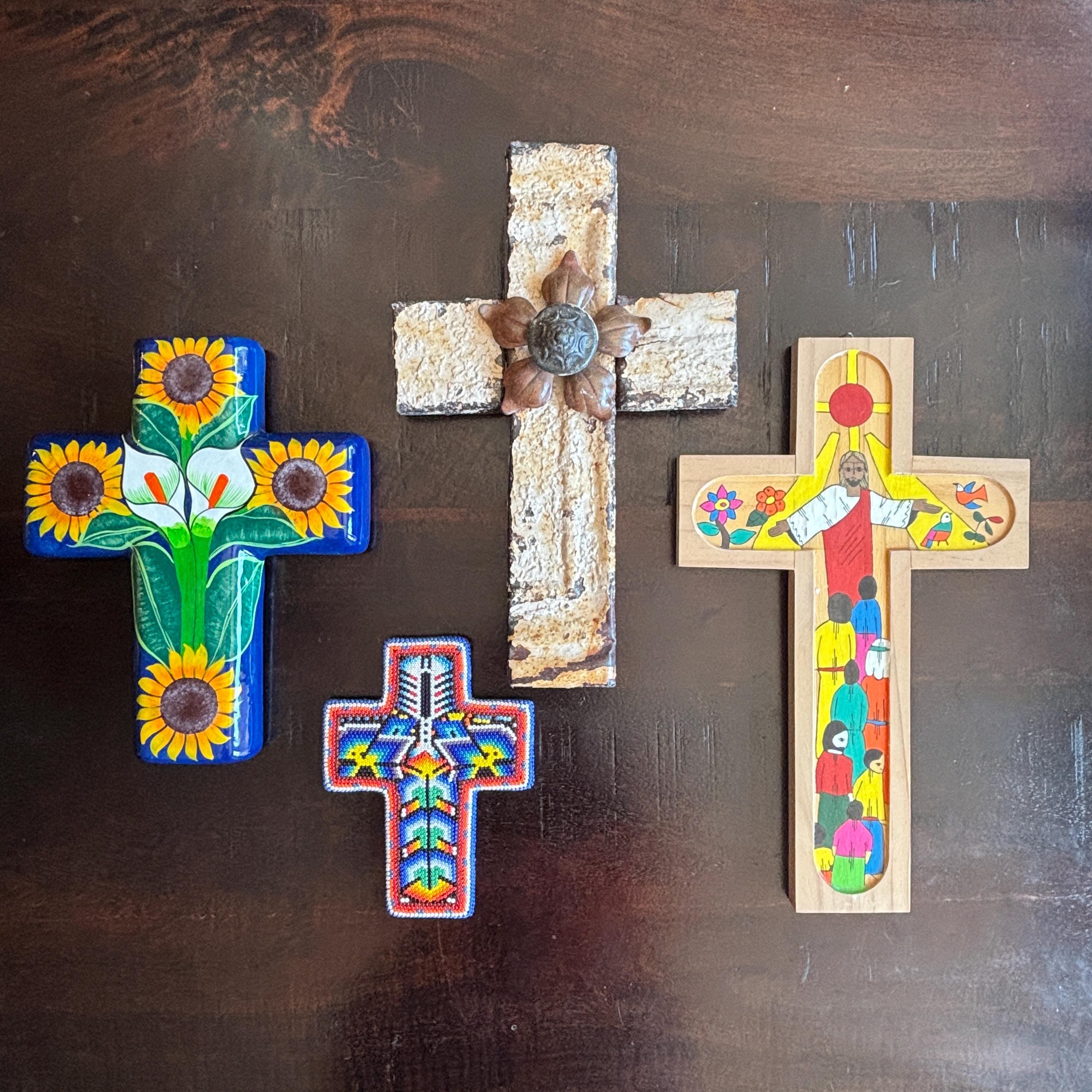 Handmade Folk Art Cross: Vintage Mexican El Salvadorian Decor Set