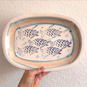Vintage decorative pottery plate with fish Lorna Smith Pottery rectangle coastal serving platter hand made