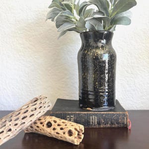 Hand Thrown Ceramic Vase: Black Brown Speckled Pottery, Signed Art