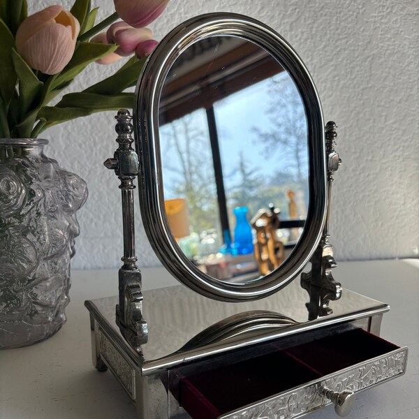 Vintage tabletop mirror and jewelry storage vanity hinged mirror Hollywood glam unique vanity International Silver Co silverplate decor