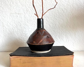 Handmade Ceramic Chimney Vase: Metallic Black & Maroon Bohemian Decor