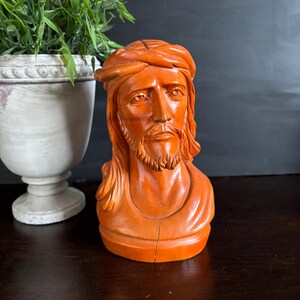 Vintage hand carved bust of Jesus head statue on heavy wood hand made religious art folk art Jesus Christ Catholic Gift unique decor