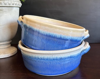 Vintage Stoneware Dog Bowls: Handmade Blue Ceramic Dishes, Signed Art