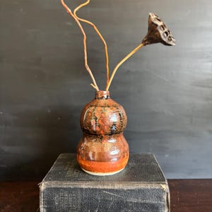 May include: A small, handcrafted ceramic vase with a bulbous shape. The vase features a rich, earthy color palette of brown, orange, and black. It is filled with dried stems and a seed pod, creating a natural, rustic aesthetic.