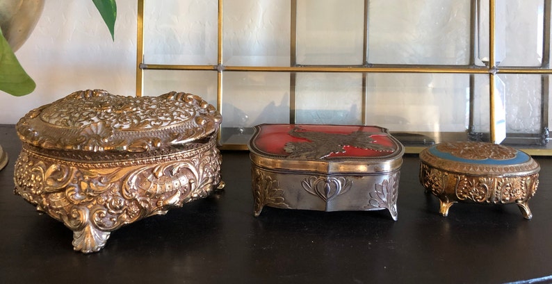 Vintage jewelry casket/'s jewelry box velvet and satin lined jewel box antique trinket box tray presentation engagement box gold silver