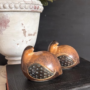 May include: Two small, rounded ceramic bird figurines with a glossy, speckled brown finish. Each bird features a distinct, dark, textured wing area with a repeating pattern. The figures are smooth, compact, and have a stylized, minimalist shape.