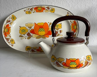 Vintage retro Sanko Ware Platter or Tea pot in Country Flowers pattern made in Japan porcelain enamel on steel oven to table bright florals