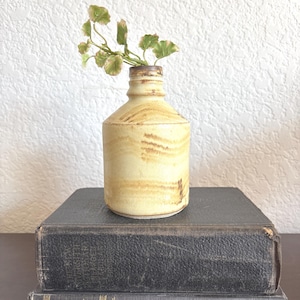 May include: A small, ceramic vase with a light yellow glaze and brown streaks. The vase is sitting on top of two black books. A small sprig of green leaves is in the vase.