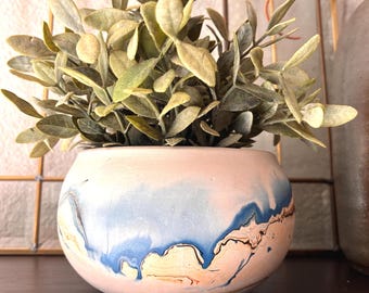Vintage Nemadji pottery planter pot vase in orange blue black swirl on natural clay Tourist pottery