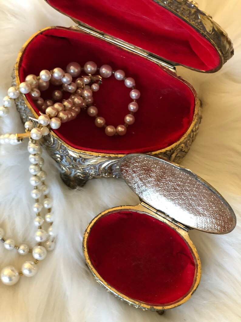 Vintage jewelry casket/'s jewelry box velvet and satin lined jewel box antique trinket box tray presentation engagement box gold silver