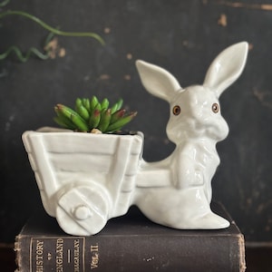Vintage ceramic Easter bunny with cart planter or candy dish white bunny with planter holiday tablescape vintage easter decor vintage home